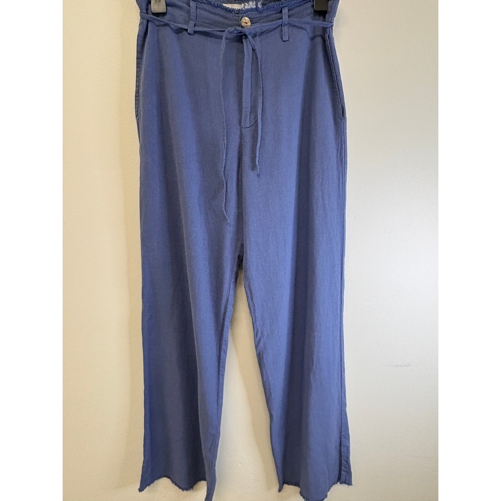Pull&Bear Blue Linen Blend Wide Leg Frayed Waist Tie Pants Size 2